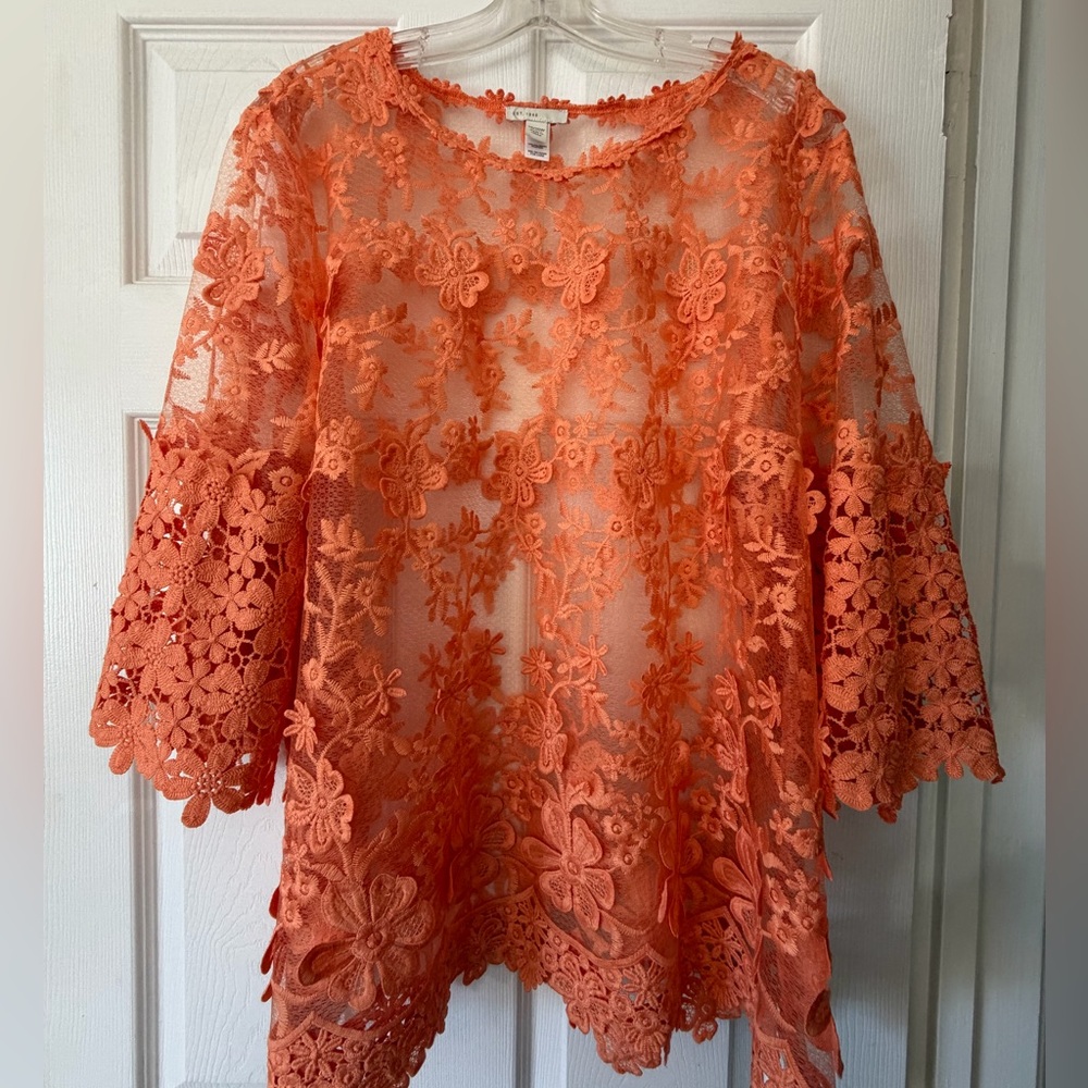 Orange lace top blouse with floral appliqués size 18/20
